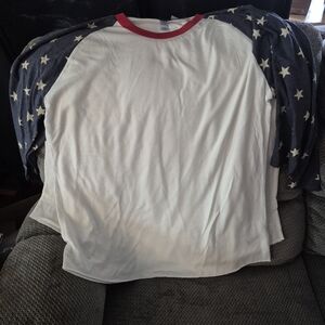 Kids White Raglan Tee with Navy Star Sleeves and Red Trim